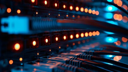 Close-up of data center with glowing network cables and LEDs. Modern server room infrastructure and technology.