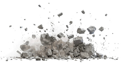 A close-up image of a concrete explosion against a white background, showing the debris scattering in mid-air