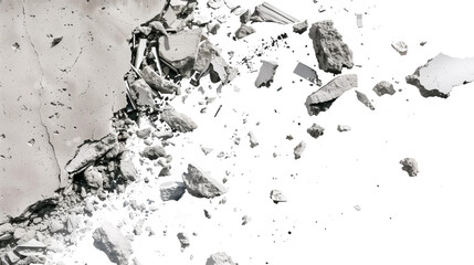A close-up image of a crumbling concrete wall with scattered debris on a white background