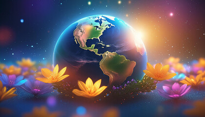 Naklejka premium Earth With Flower Blooming, Earth Peaceful Colourful Background