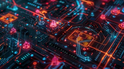 Colorful futuristic circuit board with glowing neon lights. High-tech digital circuitry representing modern technology and innovation.