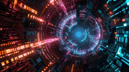 Obraz premium Colorful sci-fi digital tunnel with glowing lights and futuristic design, perfect for technology and cyber-themed projects.