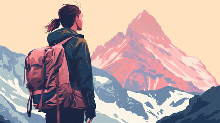 Fototapeta premium Woman Exploring Stunning Mountain Scenery with Pink Backpack at