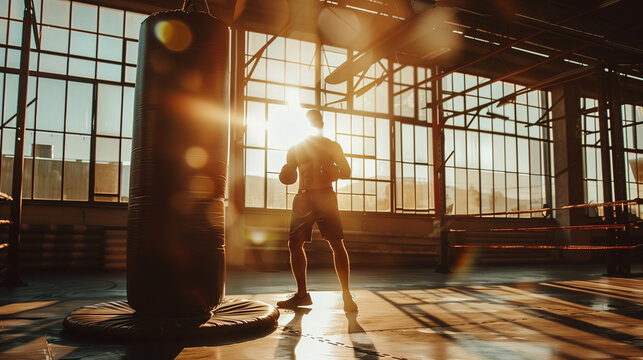 Boxer Training with Punching Bag in Sunlit Gym