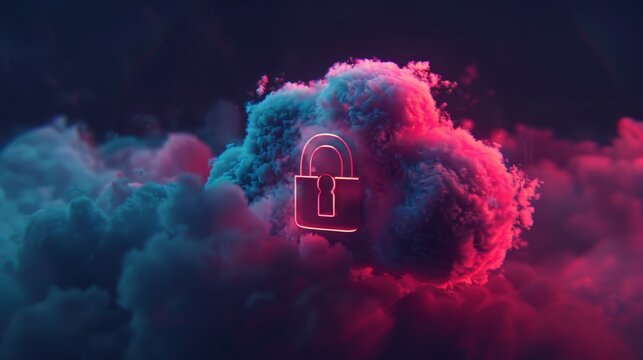 Cybersecurity concept image with a padlock icon floating in a cloud of illuminated smoke, symbolizing data protection and secure technology.