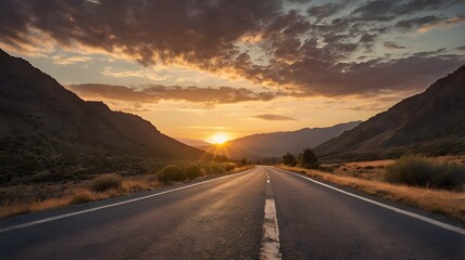 Empty old paved road in mountain area at sunset	