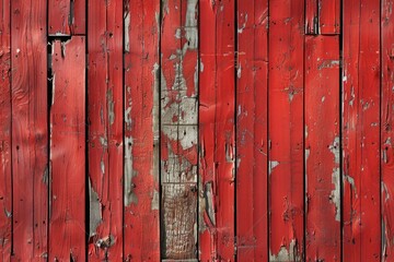 A red wooden fence with peeling paint and splinters. The fence is old and worn, giving it a rustic and weathered appearance. The red color of the fence stands out against the background