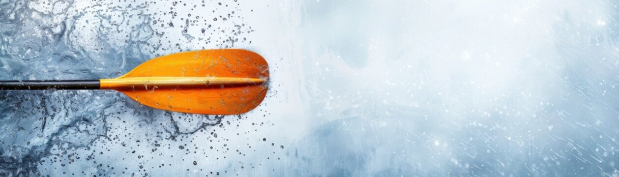 Orange paddle blade striking the water creating splash on left side over a light blue background, symbolizing adventure and energy.
