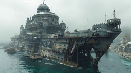 Fototapeta premium A large, abandoned, and rusting ship with a castle-like structure on top, docked at a foggy harbor. The ship appears to be a mix of a battleship and a medieval fortress, with seagulls flying around.