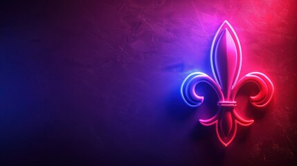 A glowing neon fleur-de-lis symbol with vibrant pink and blue lights. The modern design combines cultural significance with a sleek, tech-inspired aesthetic against a dark background.