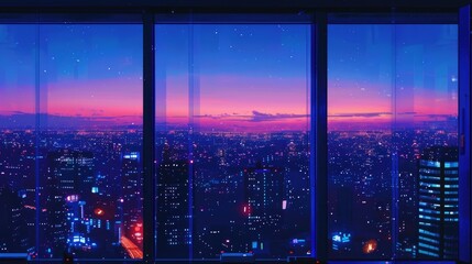 Panoramic View of Urban City Skyline at Blue Purple Night through a Window