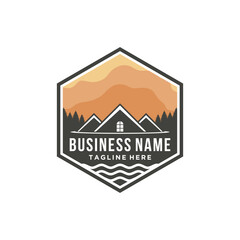 Cabin house rental with forest mountain logo design template, home cabin logo construction. house mountain logo template Vector illustration