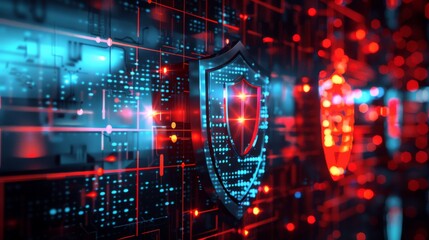 Obraz premium Digital cybersecurity shield on a network server, representing data protection and information security in a connected world.