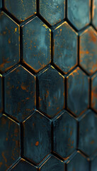 A close-up of dark hexagonal tiles with a patina finish, showcasing a rustic and industrial design with a weathered, aged texture.