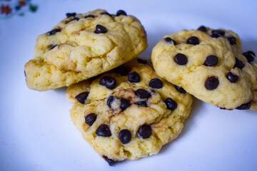 selective focus picture of tasty choco chip cookies , homemade 