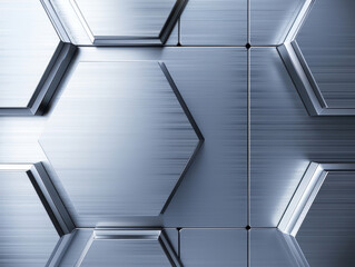 A modern, dark metal surface featuring hexagonal tiles with a matte finish. The design is sleek and futuristic, with a strong geometric pattern and a high-tech feel.