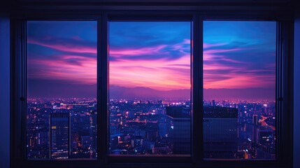 Panoramic View of Urban City Skyline at Blue Purple Night through a Window