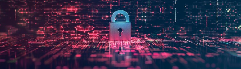 Digital padlock symbol against a futuristic data background, signifying cyber security and data protection. Modern technology concept.