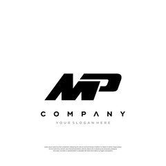 Initial letter MP, looping line, shape logo, Black color on White background