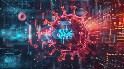 Obraz premium Digital representation of a virus amid futuristic technology, depicting a blend of biology and technology in a vibrant, high-tech environment.