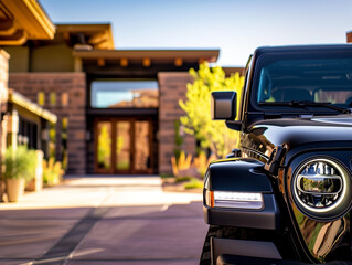 A black 4x4 SUV is parked in front of a modern luxury home in the desert.  Front View.
