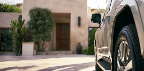 A silver luxury 4x4 SUV is parked in front of a modern luxury home in the desert. Low angle, shallow depth of field, daytime.
