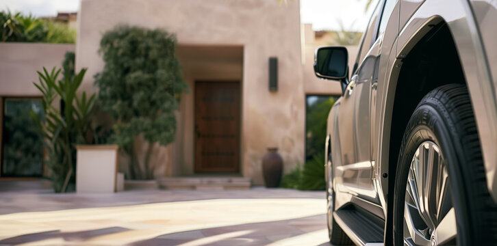 A silver luxury 4x4 SUV is parked in front of a modern luxury home in the desert. Low angle, shallow depth of field, daytime.