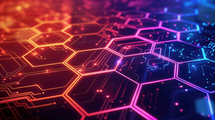 Obraz premium Hexagonal pattern illuminated by neon lights, creating a vibrant and futuristic 3D effect. Ideal for tech or sci-fi themed backgrounds.