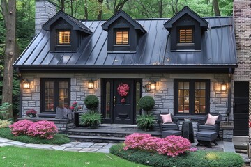 Stone Cottage With Black Roof and Pink Flowers in the Evening