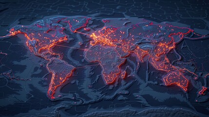 Global connectivity map with glowing red nodes illustrating network connections and data exchange across continents on a dark blue background.