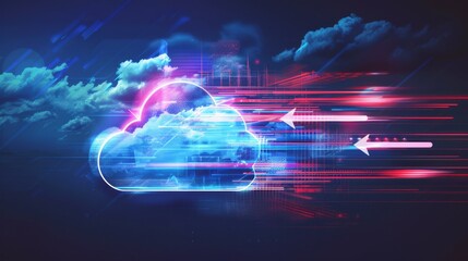 Futuristic cloud computing concept with neon colors and fast data transfer representing technology and innovation in digital networks.