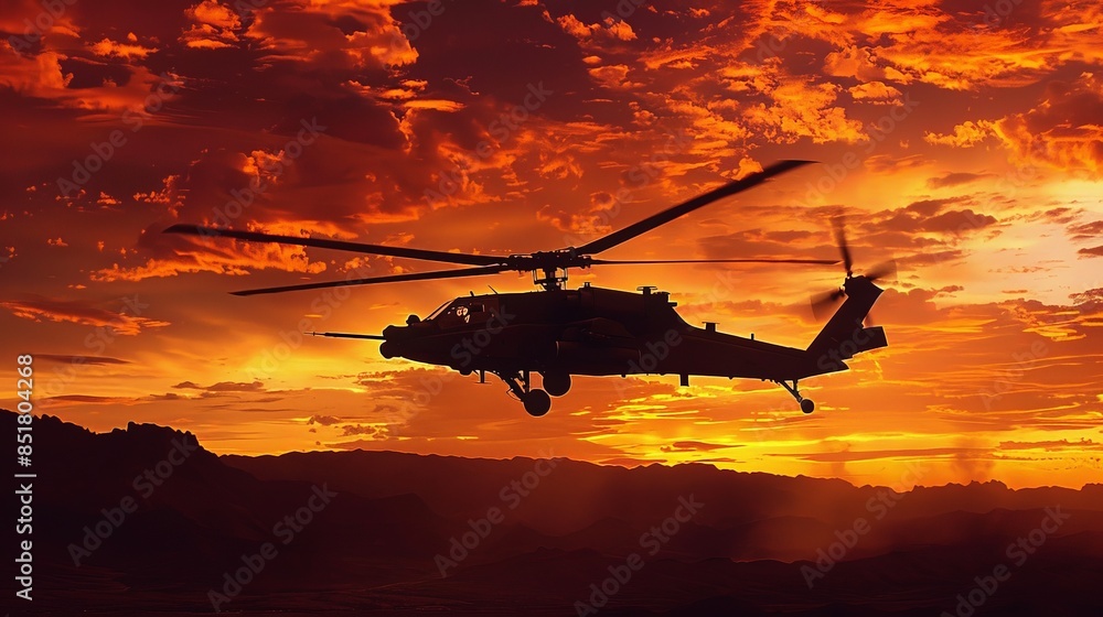 Wall mural A helicopter is flying over a mountain range at sunset