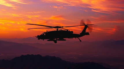 A helicopter is flying over a mountain range at sunset