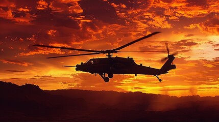 A helicopter is flying over a mountain range at sunset