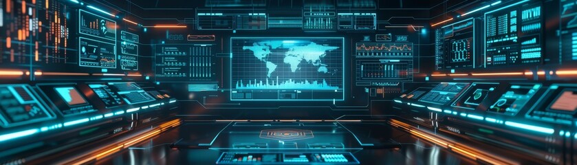 Fototapeta premium Futuristic command center with digital interfaces and global map, showcasing advanced technology and data analysis.