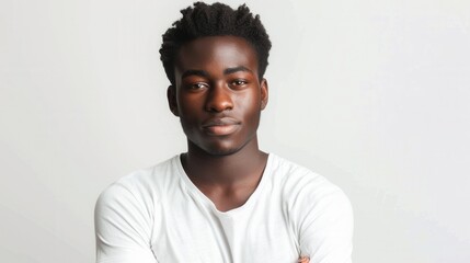 Black man with a calm demeanor isolated on a white background