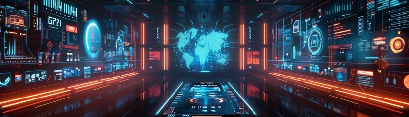 Obraz premium Futuristic command center with high-tech screens and digital interfaces, showcasing advanced technology and innovative design.