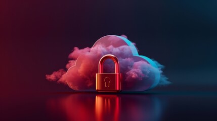Futuristic concept of cloud security with a padlock and a colorful cloud, symbolizing data protection and digital safety.