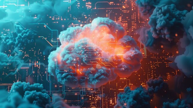 Futuristic concept art of a digital cloud with glowing circuits surrounded by vibrant clouds, symbolizing data and technology innovations.
