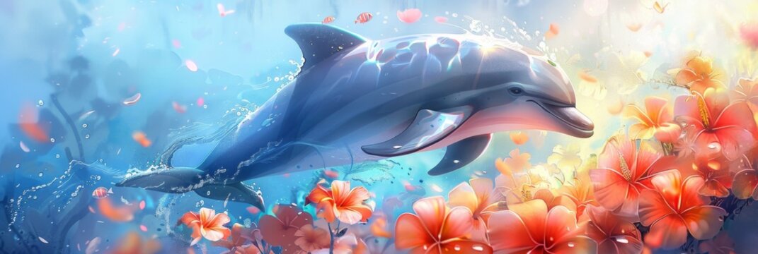 Horizontal banner. World Whale and Dolphin Day. Cute dolphin swims in the sea, blue background with red flowers. Marine animal protection concept. Free space for text