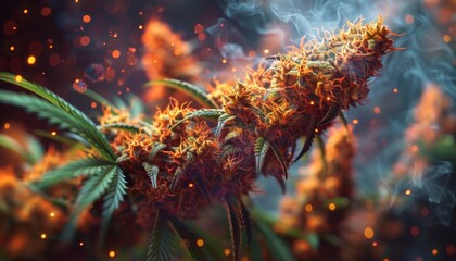Fototapeta premium Close Up Of A Marijuana Bud With Smoke And Sparks