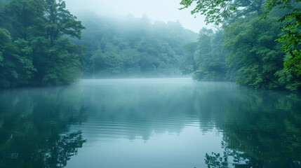 Obraz premium A serene lake surrounded by lush green trees with a misty atmosphere. The water is calm, reflecting the trees and the foggy sky. The scene is tranquil and peaceful
