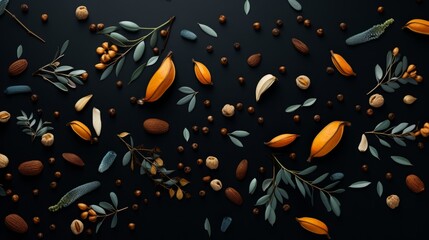 A collection of autumn leaves, seeds, and pods arranged on a black background.