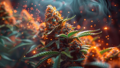 Fototapeta premium Close Up Of A Marijuana Bud With Smoke And Sparks
