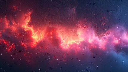 Obraz premium A vibrant and colorful depiction of a nebula in space, with bright red, orange, and pink hues against a dark starry background.