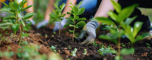 A group of volunteers planting trees in a community garden, beautifying the neighborhood and promoting sustainability.