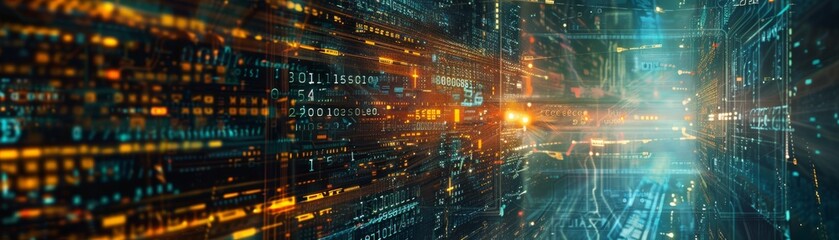 Fototapeta premium Futuristic digital cityscape with glowing lines and lights, representing advanced technology, communication, and data flow.