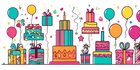 happy birthday party elements design illustration 2d globes ballons and cake