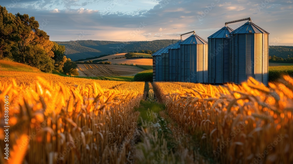 Poster a field of golden wheat with three silo-like structures in the background. the silos are empty and t