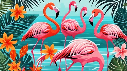 Obraz premium A group of flamingos are standing in a lush green jungle. The scene is vibrant and full of life, with the pink flamingos standing out against the green foliage. Concept of freedom and natural beauty
